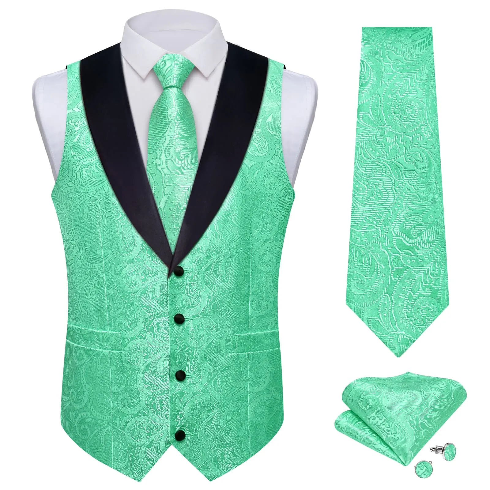 Ties2you Dress Vest Mint Green Floral Shawl Collar Silk Mens Waistcoat Tie Set sold by Ties2You product image thumbnail 2