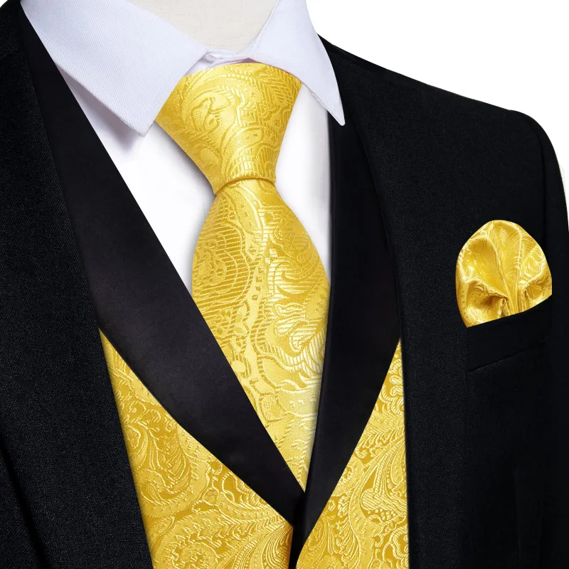 Ties2you Shawl Collar Dress Vest Yellow Paisley Wedding Suit Vest Tie Hanky Cufflinks Set made by Ties2You