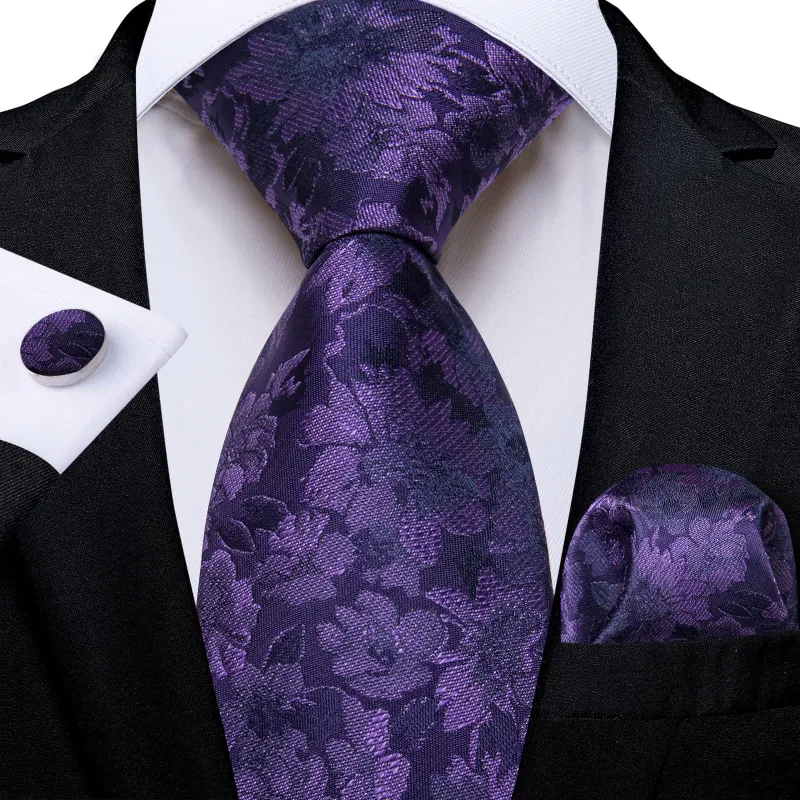 Ties2you Dress Tie Dark Purple Floral Silk Mens Necktie Handkerchief Cufflinks Set sold by Ties2You