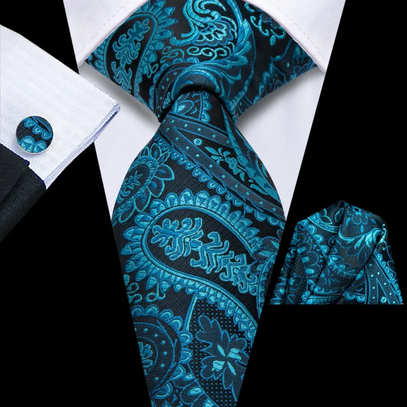 Ties2you Silk Necktie Deep Cyan Paisley Mens Work Dress Tie Set sold by Ties2You