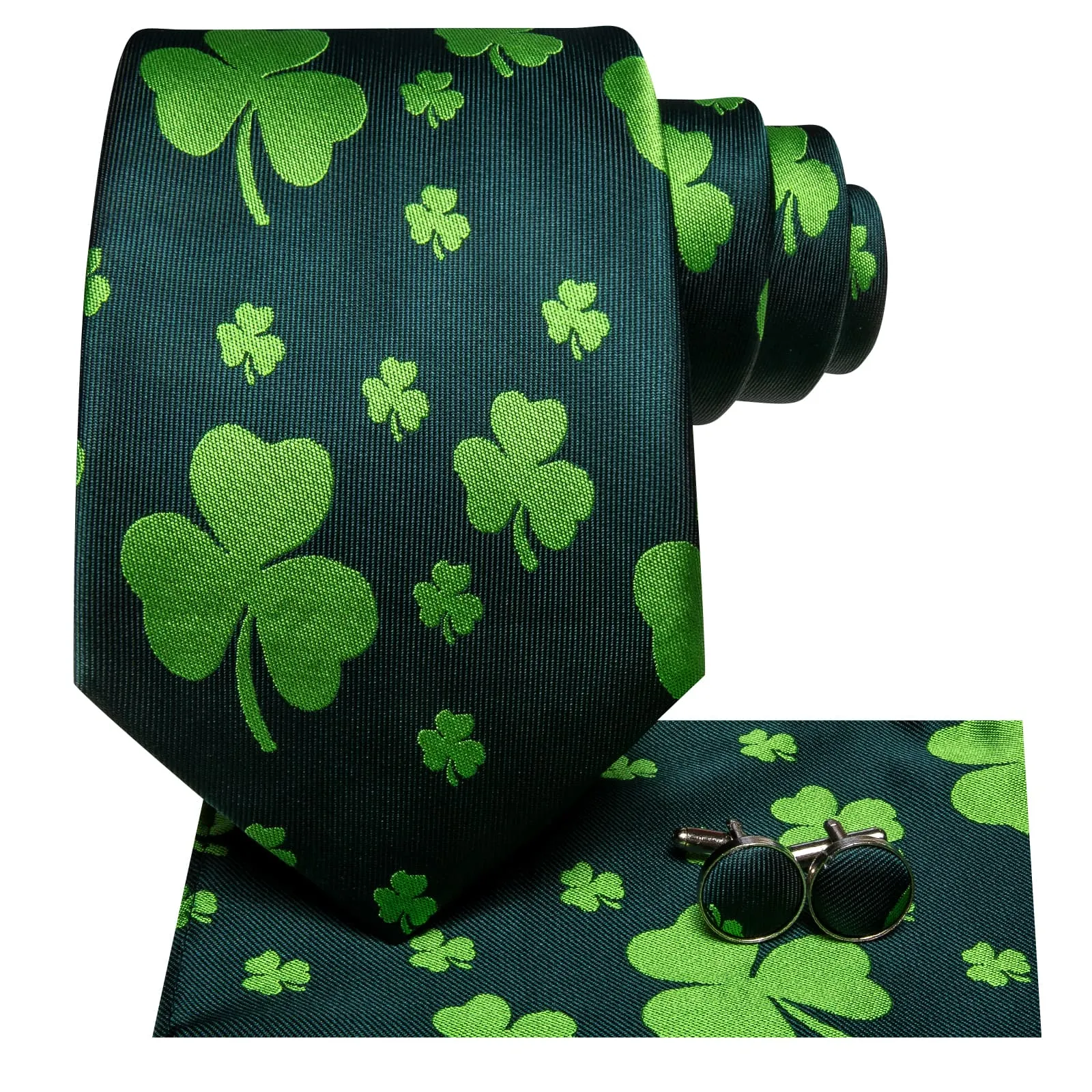 Ties2you Silk Necktie Dark Green Novelty Shamrock Pattern Mens Casual Tie Set sold by Ties2You product image thumbnail 3