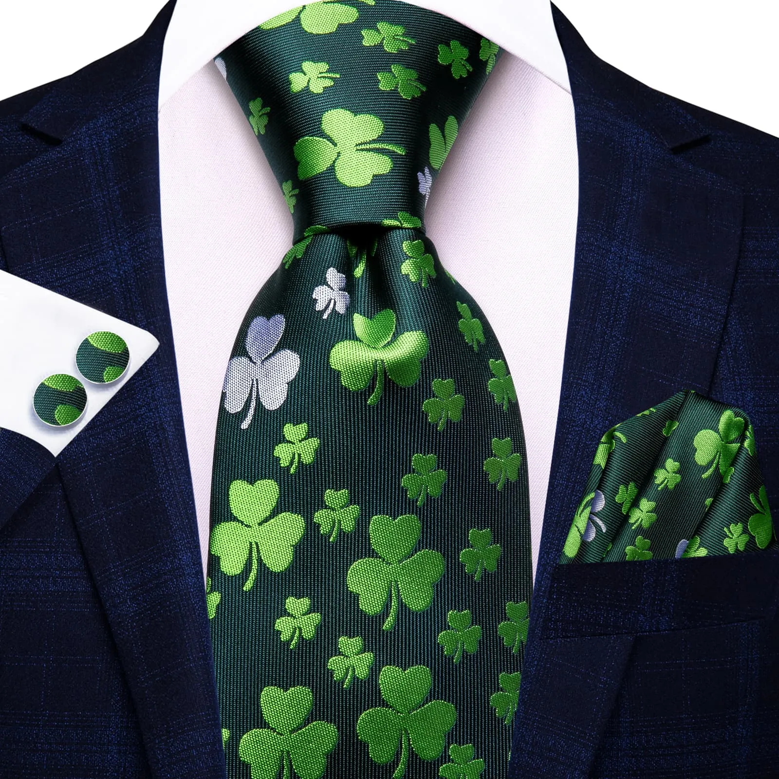 Ties2you Silk Necktie Dark Green Novelty Shamrock Pattern Mens Casual Tie Set sold by Ties2You product image thumbnail 2