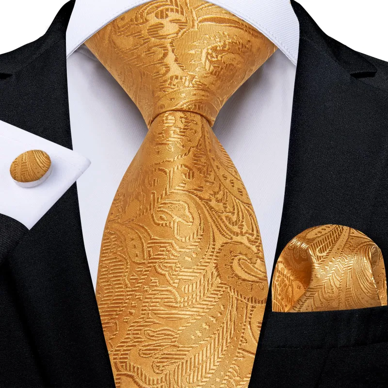 Ties2you Silk Tie Gold Paisley Mens Necktie Pocket Square Cufflinks Set sold by Ties2You