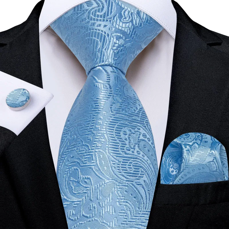 Ties2you Silk Tie Pale Cerulean Blue Paisley Mens Necktie Pocket Square Cufflinks Set sold by Ties2You