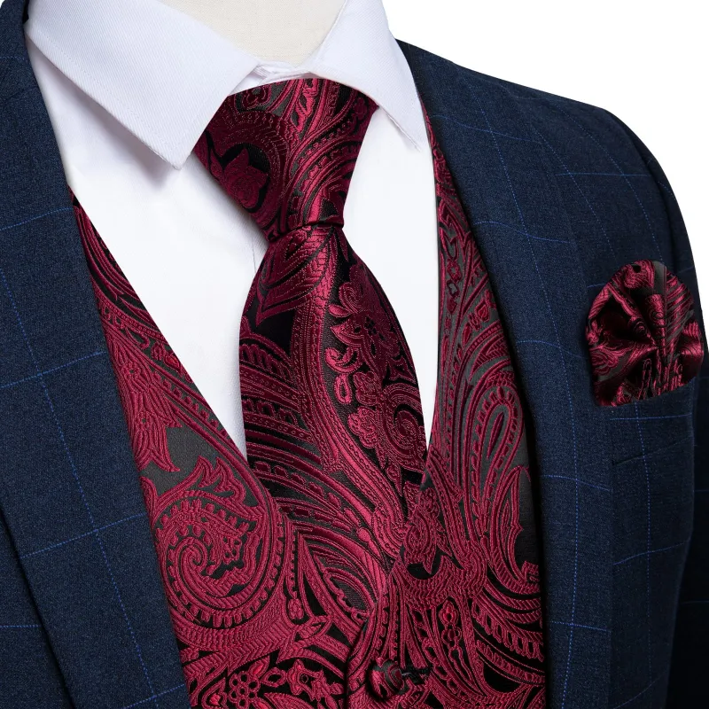 Ties2you Dress Vest Dark Wine Red Paisley V Neck Silk Mens Work Vest Tie Set sold by Ties2You
