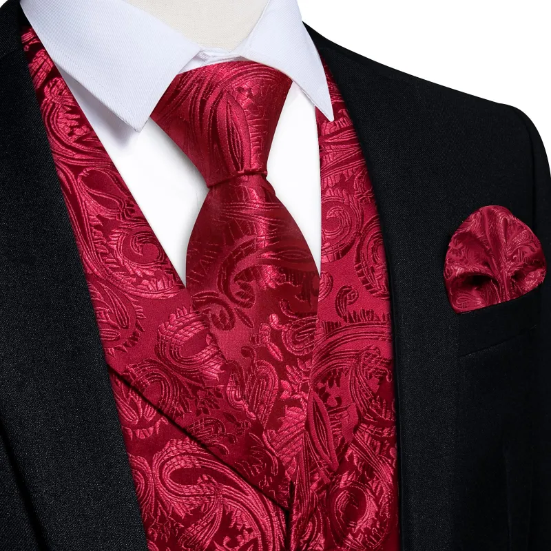 Ties2you Dress Vest Burgundy Paisley Notched Collar Silk Mens Work Vest Tie Set sold by Ties2You