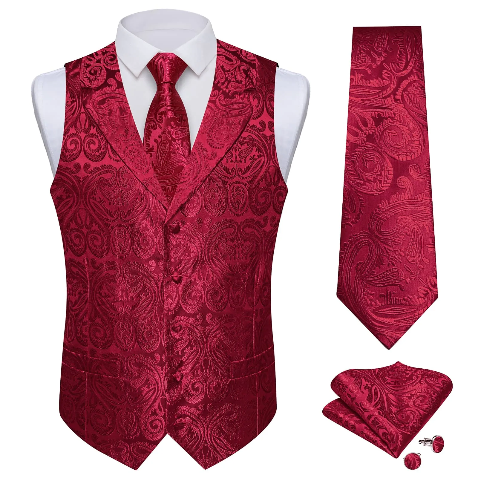 Ties2you Dress Vest Burgundy Paisley Notched Collar Silk Mens Work Vest Tie Set sold by Ties2You product image thumbnail 2