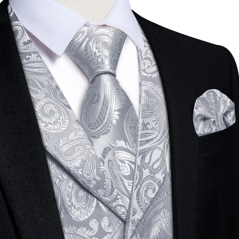 Ties2you Dress Vest Manatee Grey Paisley Notched Collar Silk Mens Work Vest Tie Set sold by Ties2You