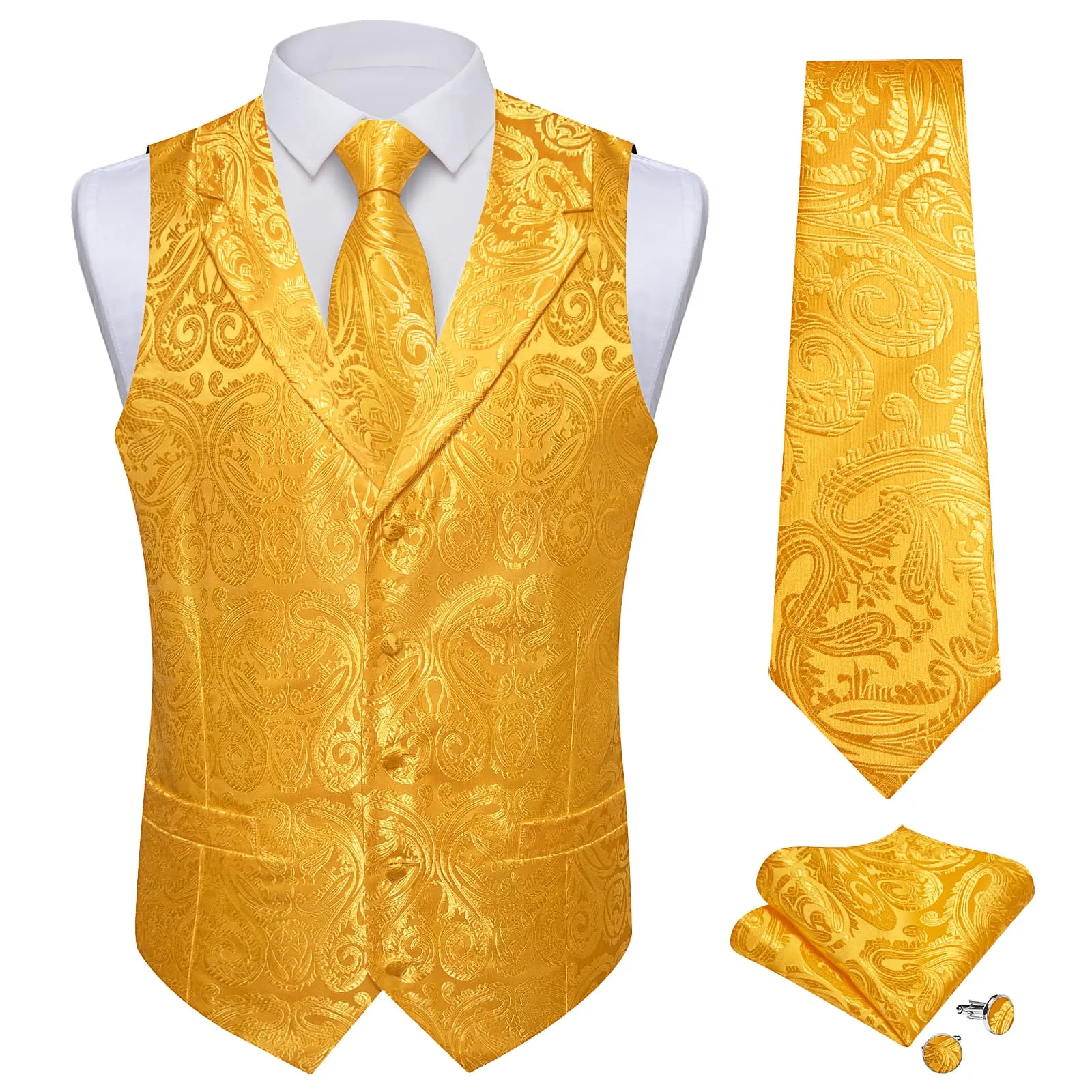 Ties2you Dress Vest Gamboge Yellow Paisley Notched Collar Silk Mens Work Vest Tie Set sold by Ties2You product image thumbnail 2