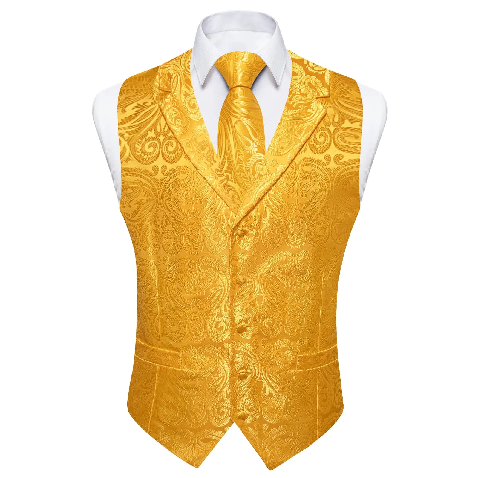 Ties2you Dress Vest Gamboge Yellow Paisley Notched Collar Silk Mens Work Vest Tie Set sold by Ties2You product image thumbnail 4