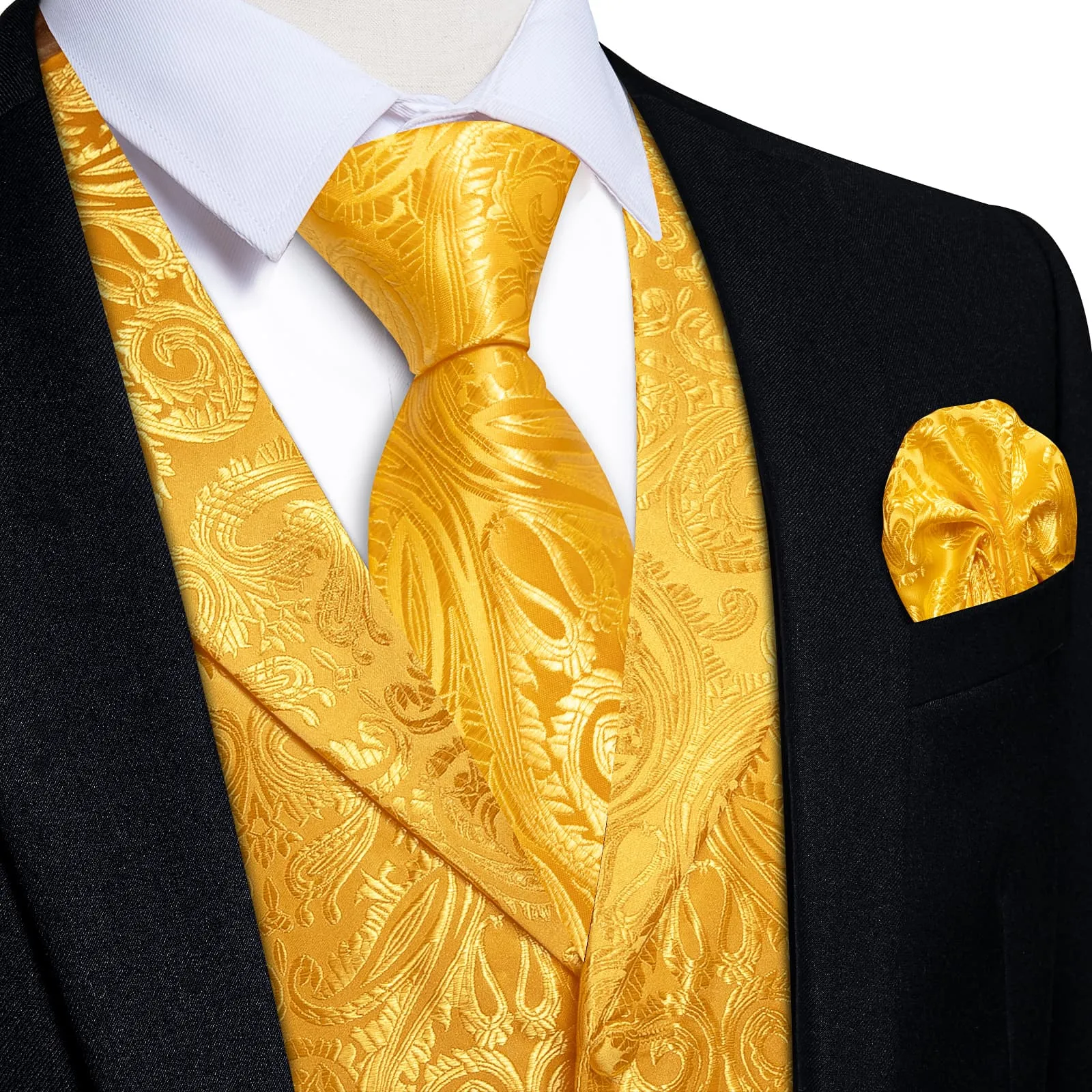 Ties2you Dress Vest Gamboge Yellow Paisley Notched Collar Silk Mens Work Vest Tie Set sold by Ties2You