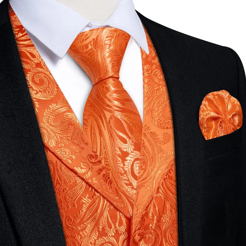 Ties2you Dress Vest Bright Orange Paisley Notched Collar Silk Mens Work Vest Tie Set sold by Ties2You