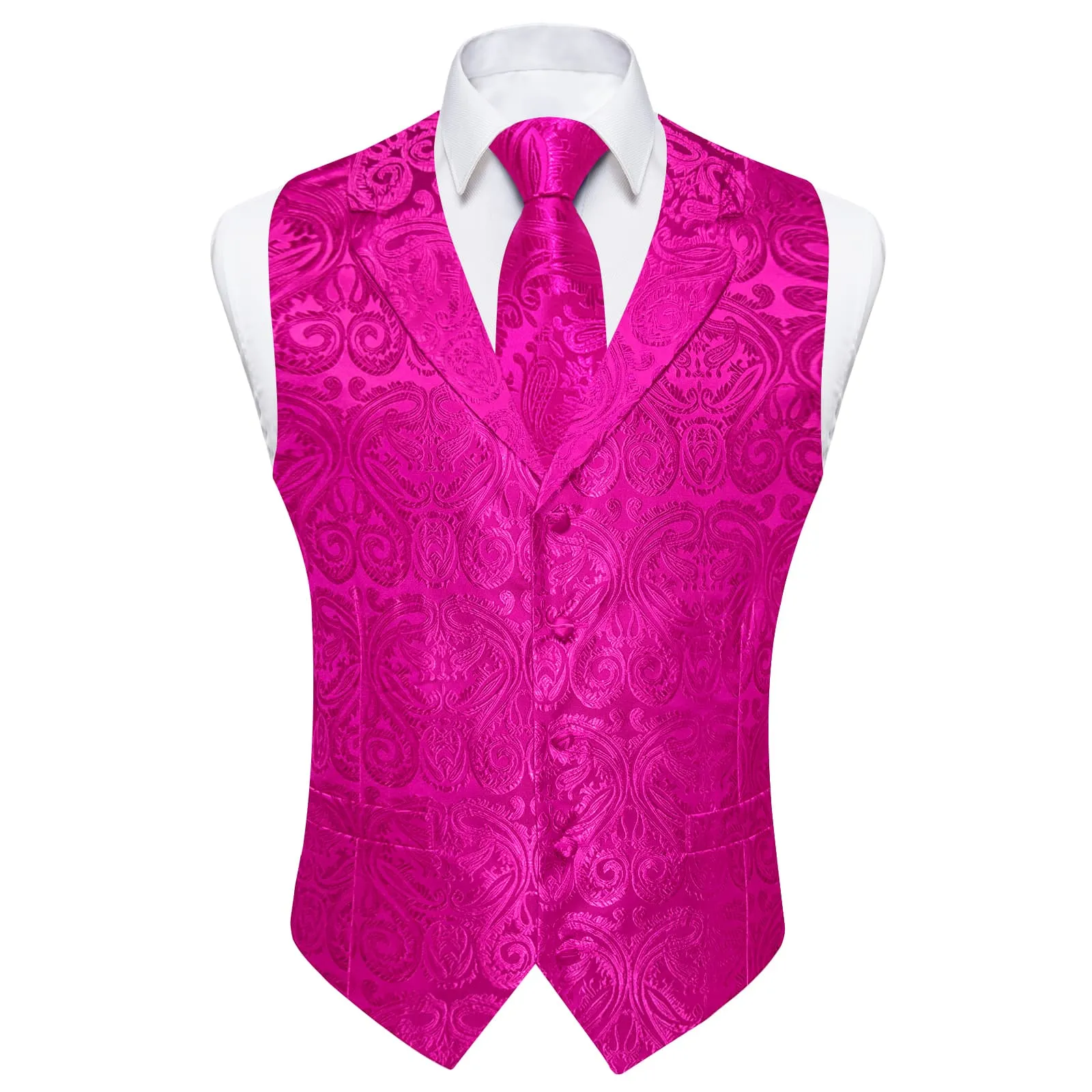 Ties2you Dress Vest Hot Pink Paisley Notched Collar Silk Mens Work Vest Tie Set sold by Ties2You product image thumbnail 4