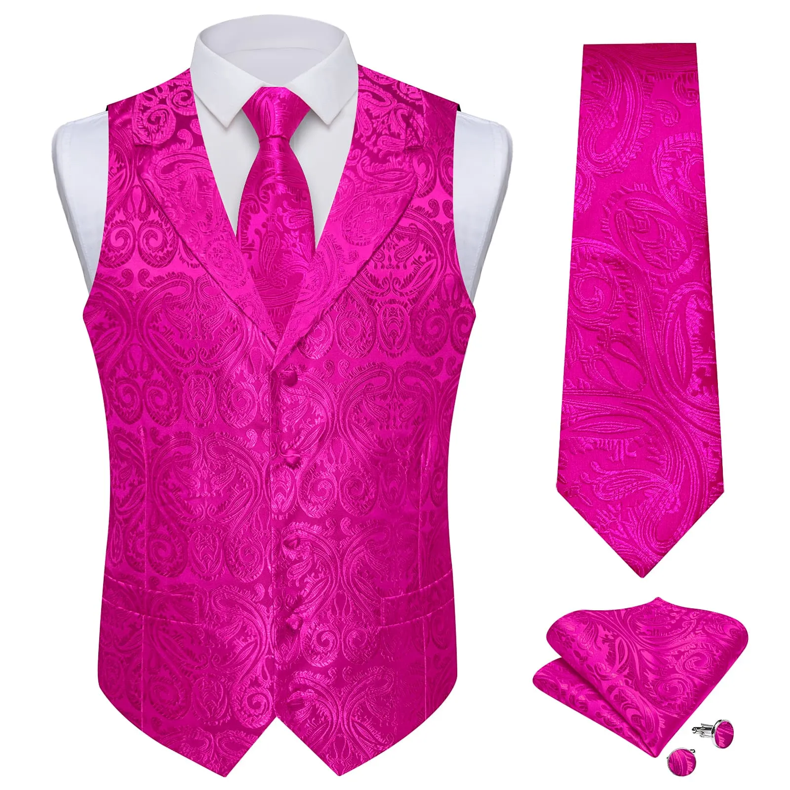 Ties2you Dress Vest Hot Pink Paisley Notched Collar Silk Mens Work Vest Tie Set sold by Ties2You product image thumbnail 2