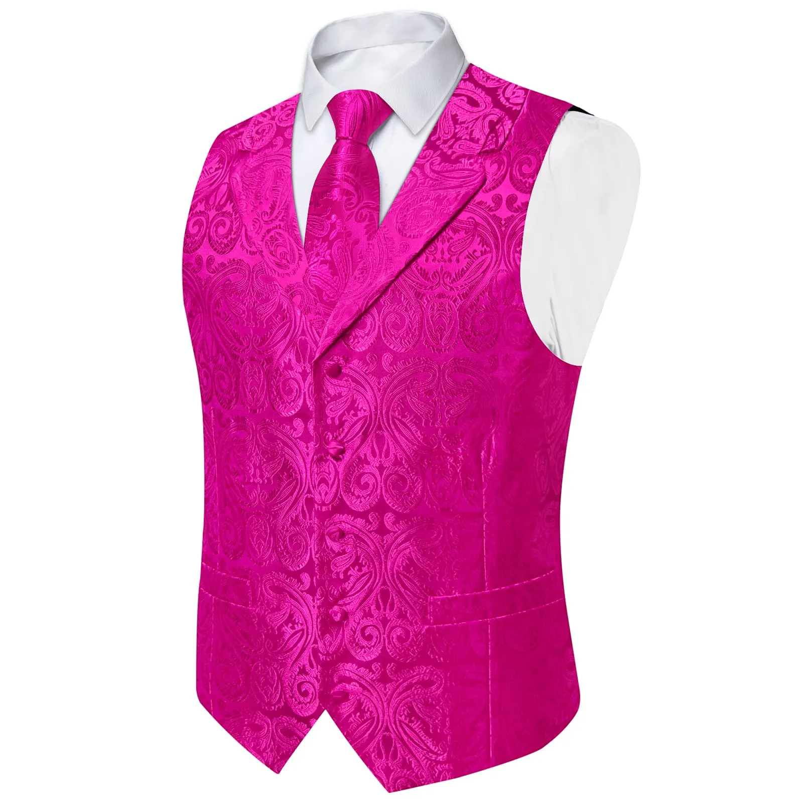Ties2you Dress Vest Hot Pink Paisley Notched Collar Silk Mens Work Vest Tie Set sold by Ties2You product image thumbnail 3