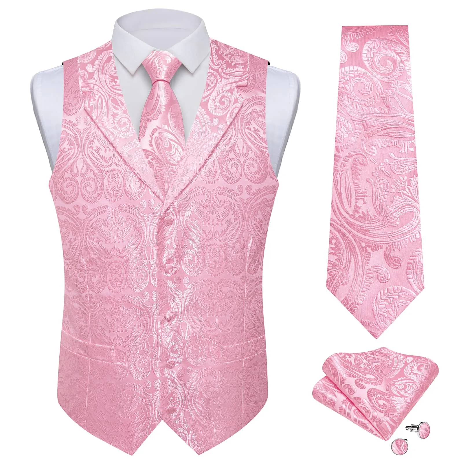 Ties2you Dress Vest Light Pink Paisley Notched Collar Silk Mens Work Vest Tie Set sold by Ties2You product image thumbnail 2