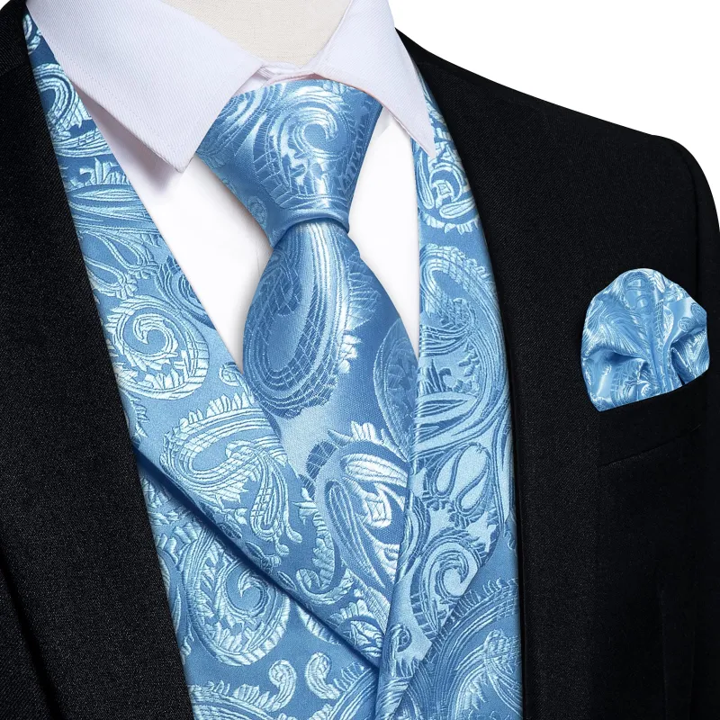 Ties2you Dress Vest Sky Blue Paisley Notched Collar Silk Mens Work Vest Tie Set sold by Ties2You