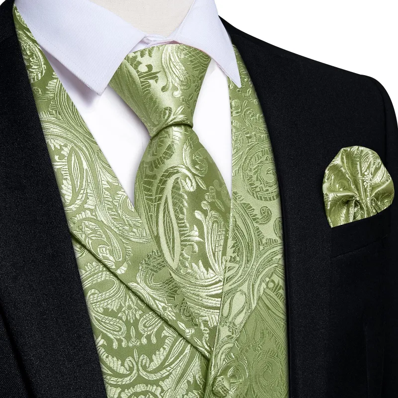 Ties2you Dress Vest Sage Green Paisley Notched Collar Silk Mens Work Vest Tie Set sold by Ties2You