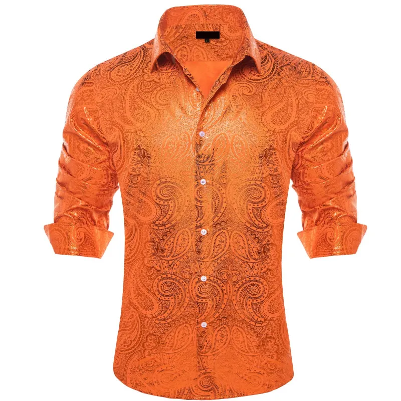 Ties2you Mens Paisley Dress Shirt Orange Silk Long Sleeve Button Down Shirt sold by Ties2You