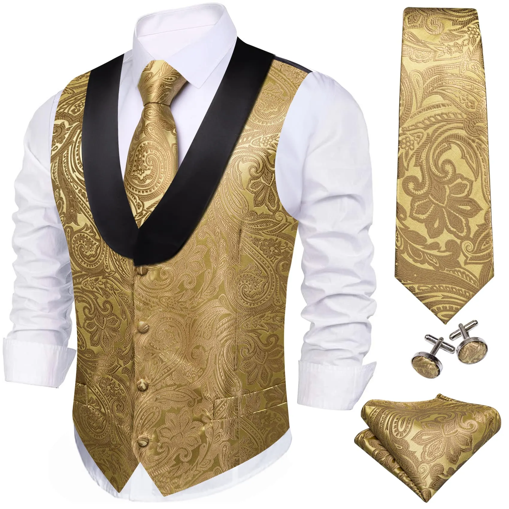 Ties2you Tuxedo Vest Gold Paisley Black Shawl Collar Silk Dress Vest for Men sold by Ties2You product image thumbnail 2