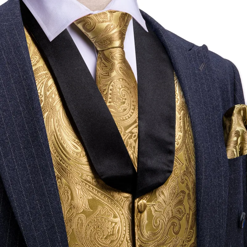 Ties2you Tuxedo Vest Gold Paisley Black Shawl Collar Silk Dress Vest for Men sold by Ties2You