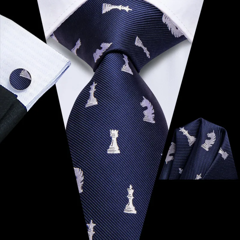 Ties2you Silk Tie Navy Blue Chess Game Pieces Novelty Mens Tie Pocket Square Cufflinks Set sold by Ties2You