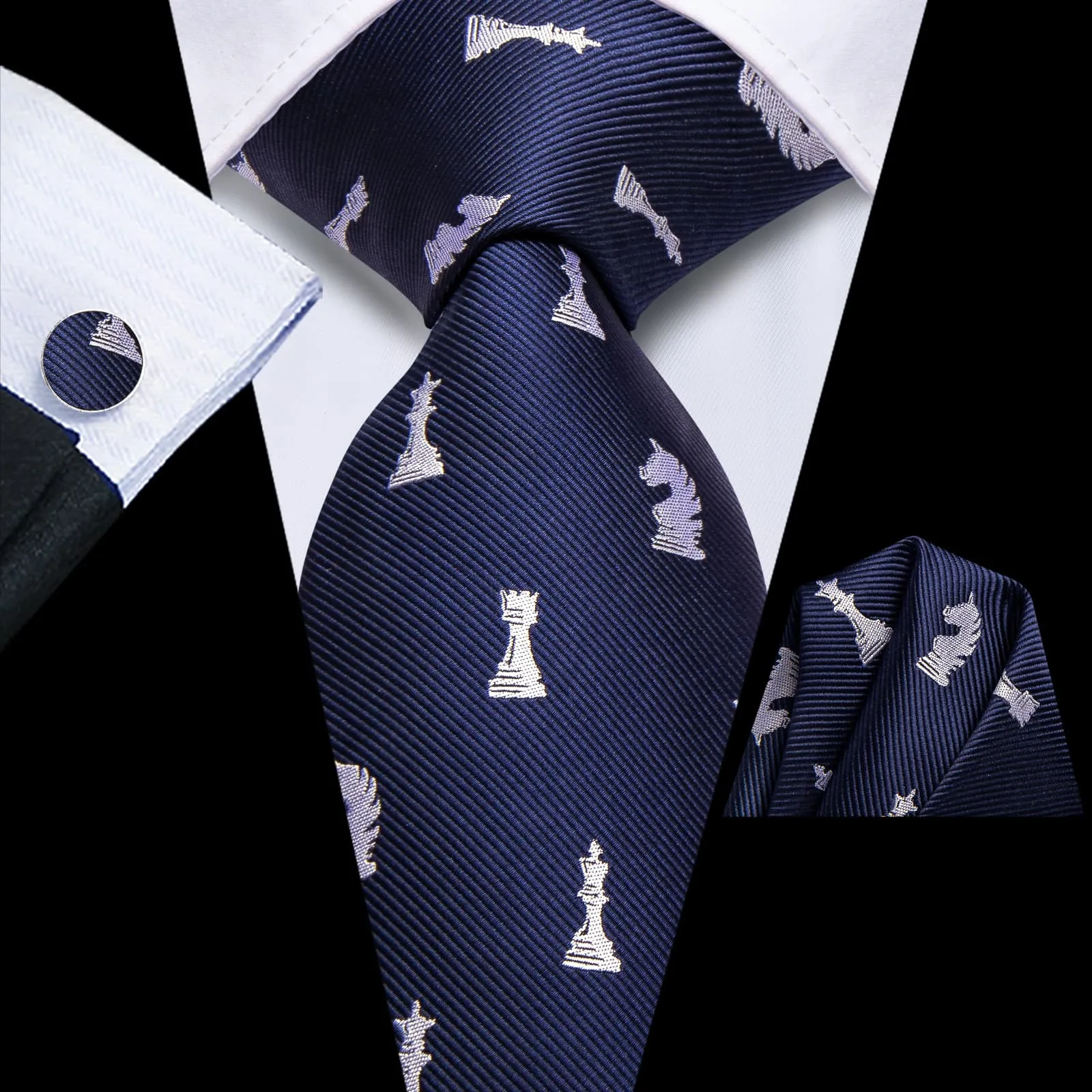 Ties2you Silk Tie Navy Blue Chess Game Pieces Novelty Mens Tie Pocket Square Cufflinks Set sold by Ties2You