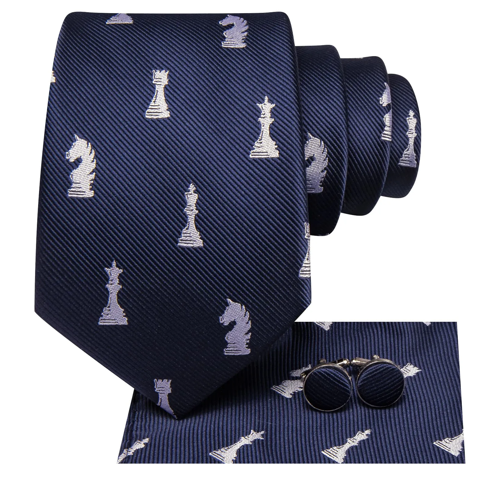Ties2you Silk Tie Navy Blue Chess Game Pieces Novelty Mens Tie Pocket Square Cufflinks Set sold by Ties2You product image thumbnail 2