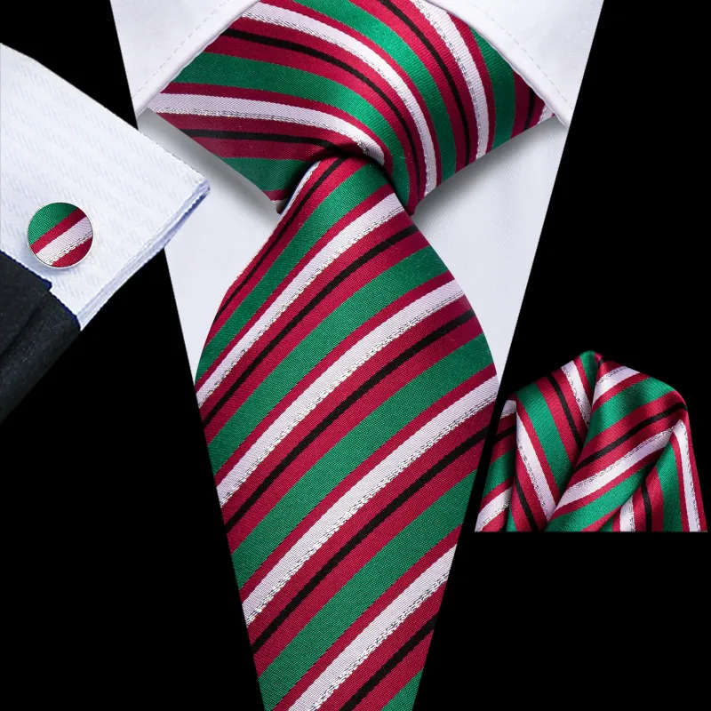 Ties2you Silk Tie Black Green White Striped Mens Tie Pocket Square Cufflinks Set sold by Ties2You