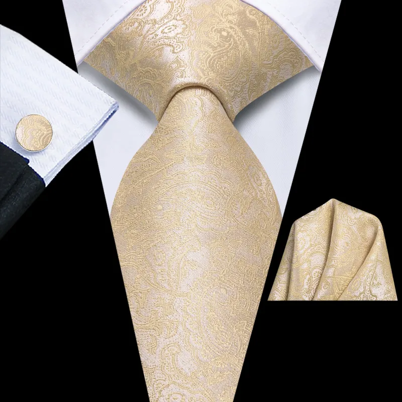 Ties2you Silk Tie Champagne Paisley Mens Tie Pocket Square Cufflinks Set sold by Ties2You