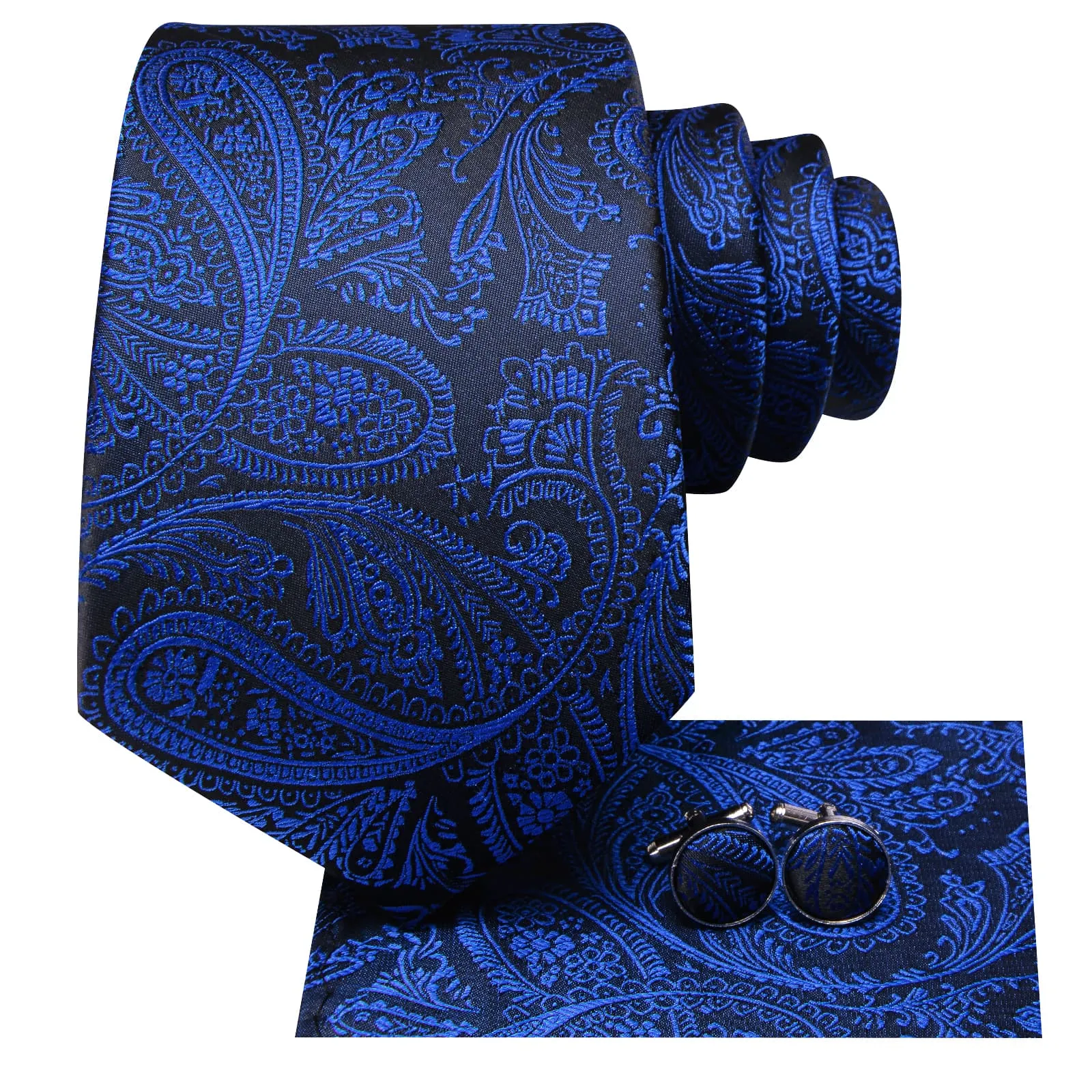 Ties2you Silk Tie Black Navy Blue Paisley Mens Tie Pocket Square Cufflinks Set sold by Ties2You product image thumbnail 2