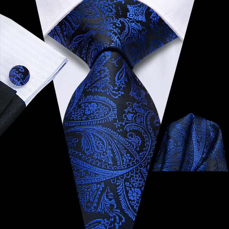 Ties2you Silk Tie Black Navy Blue Paisley Mens Tie Pocket Square Cufflinks Set sold by Ties2You