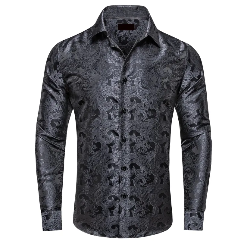 Ties2you Mens Black Casual Shirt Floral Silk Long Sleeve Button Down Shirts sold by Ties 2 You