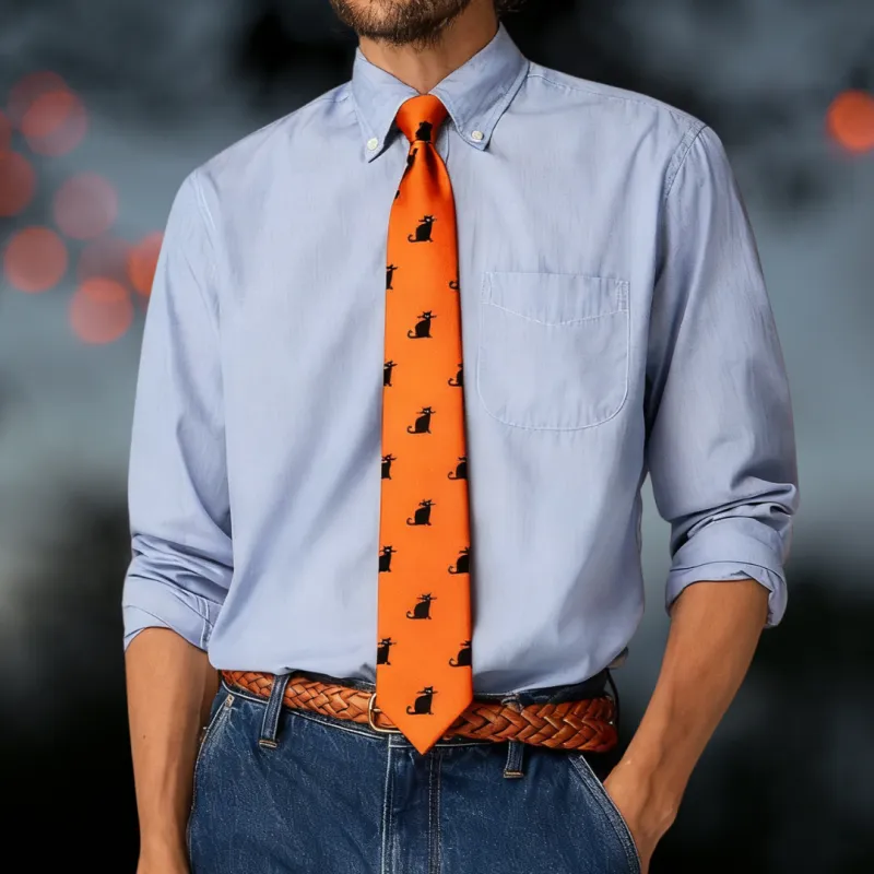 Ties2you Halloween Orange Black Cat Necktie Hanky Cufflinks Set made by Ties2You