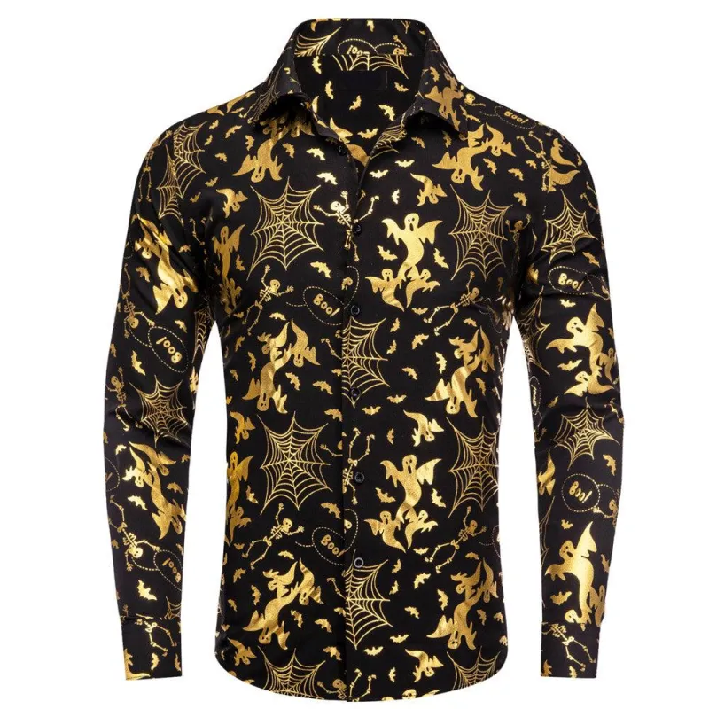 Black Gold Halloween Cobwebs Skull Ghost Silk Men's Long Sleeve Shirt sold by Ties2You