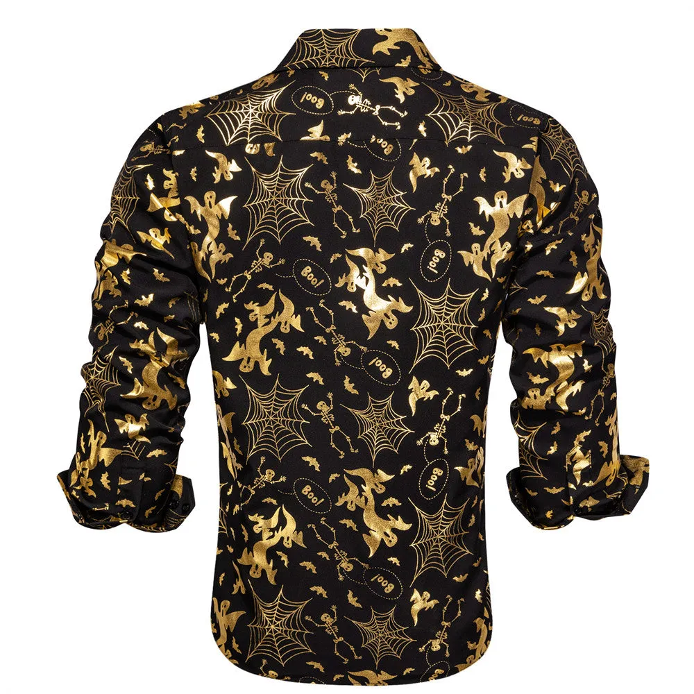 Black Gold Halloween Cobwebs Skull Ghost Silk Men's Long Sleeve Shirt sold by Ties2You product image thumbnail 3