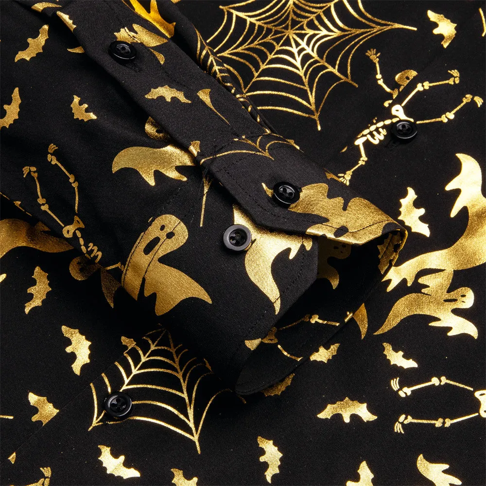 Black Gold Halloween Cobwebs Skull Ghost Silk Men's Long Sleeve Shirt sold by Ties2You product image thumbnail 4