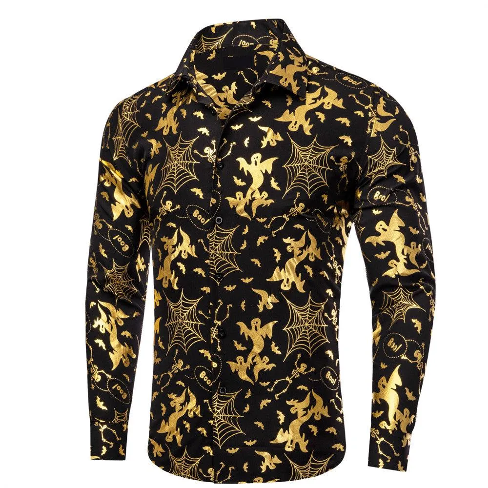 Black Gold Halloween Cobwebs Skull Ghost Silk Men's Long Sleeve Shirt sold by Ties2You product image thumbnail 2