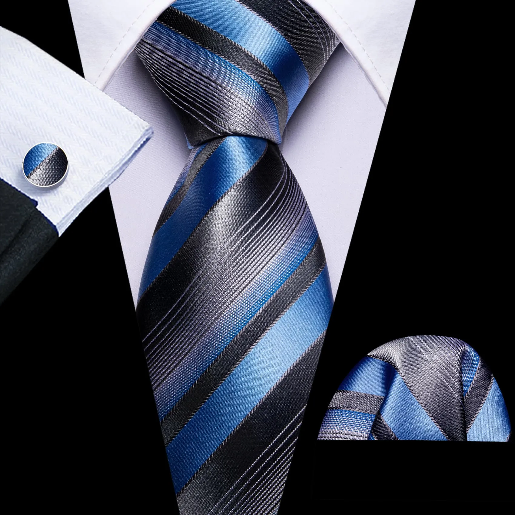 Ties2you Silk Necktie Blue Black Striped Pattern Mens Work Tie Set sold by Ties2You