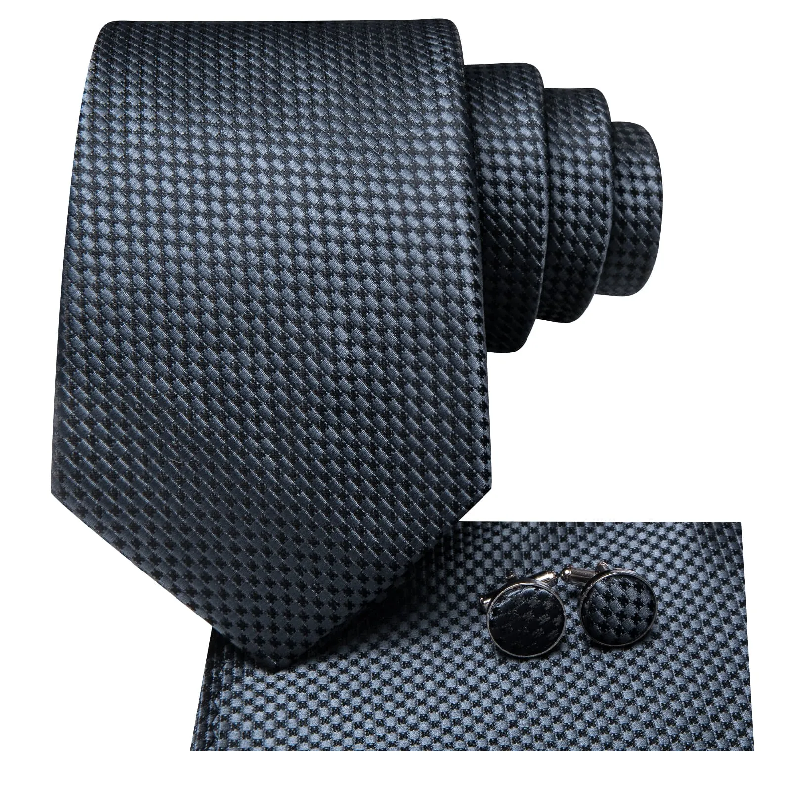 Ties2you Silk Necktie Deep Grey Plaid Mens Tie Pocket Square Cufflinks Set sold by Ties2You product image thumbnail 3
