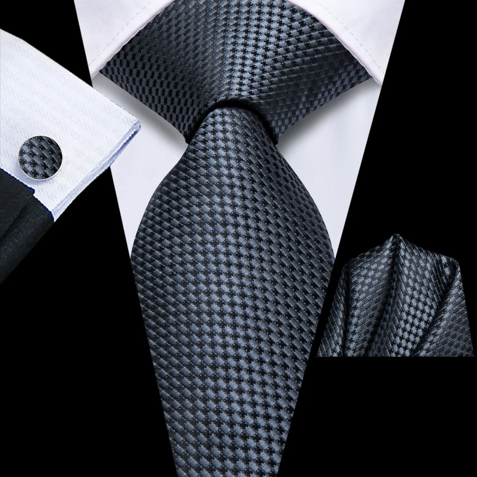 Ties2you Silk Necktie Deep Grey Plaid Mens Tie Pocket Square Cufflinks Set sold by Ties2You