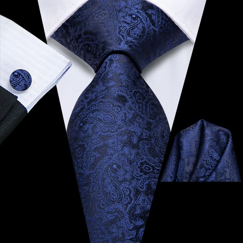 Ties2you Silk Necktie Deep Blue Paisley Mens Tie Pocket Square Cufflinks Set sold by Ties2You