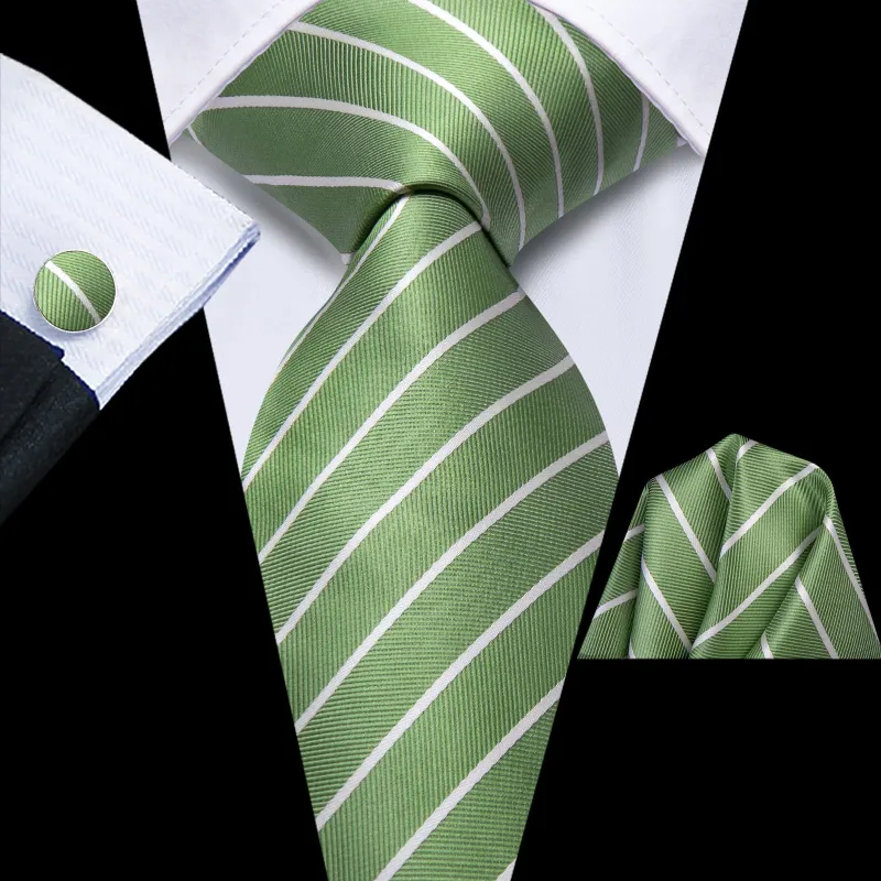 Ties2you Silk Necktie Olivine Green Striped Mens Tie Pocket Square Cufflinks Set sold by Ties2You