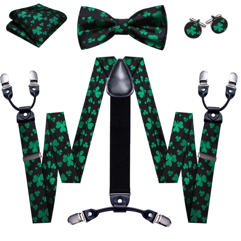 Ties2you Mens Suspenders Black Green Floral  Y Back Brace Clip-on Suspender Bow Tie Set sold by Ties2You