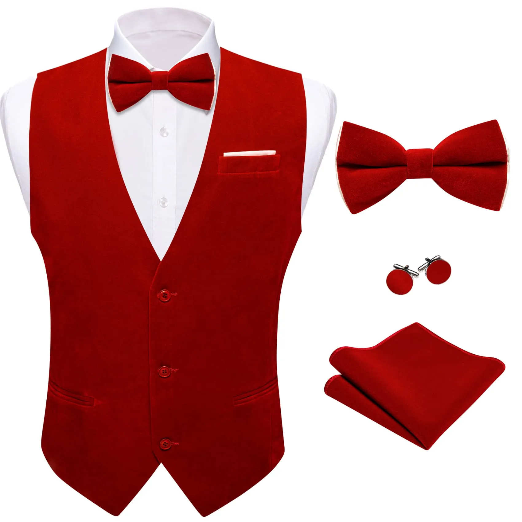 Ties2you Dress Vest Dark Red Solid V-Neck Mens Suede Leather Vest Waistcoat Bow Tie Set sold by Ties2You product image thumbnail 3