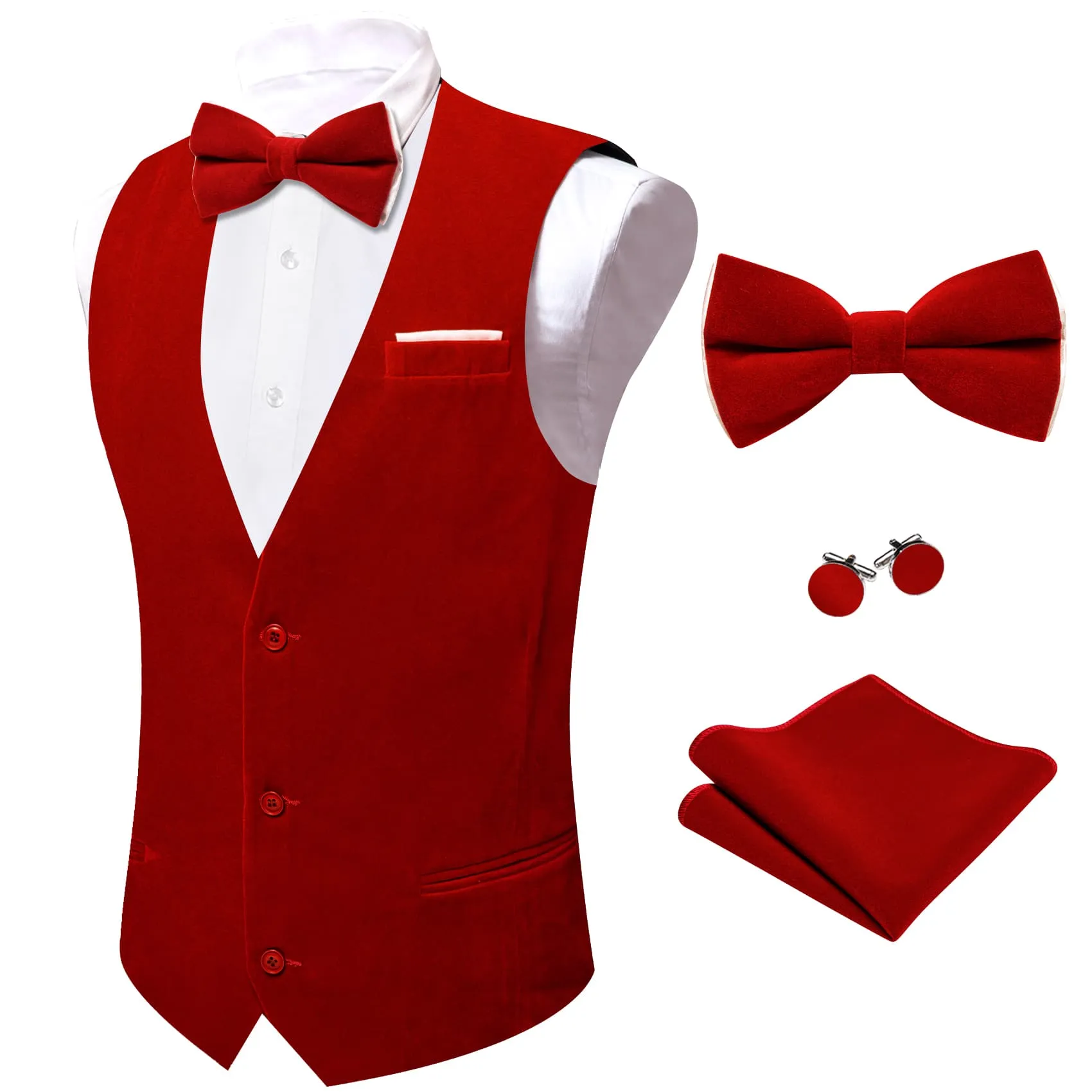 Ties2you Dress Vest Dark Red Solid V-Neck Mens Suede Leather Vest Waistcoat Bow Tie Set sold by Ties2You product image thumbnail 4