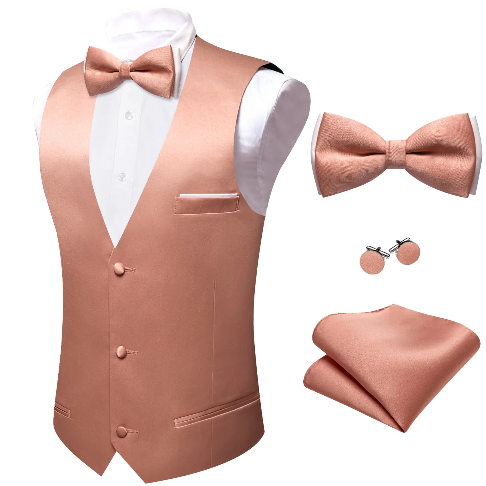 Ties2you Dress Vest Light Coral Solid V-Neck Waistcoat Mens Vest Bow Tie Set sold by Ties2You product image thumbnail 4
