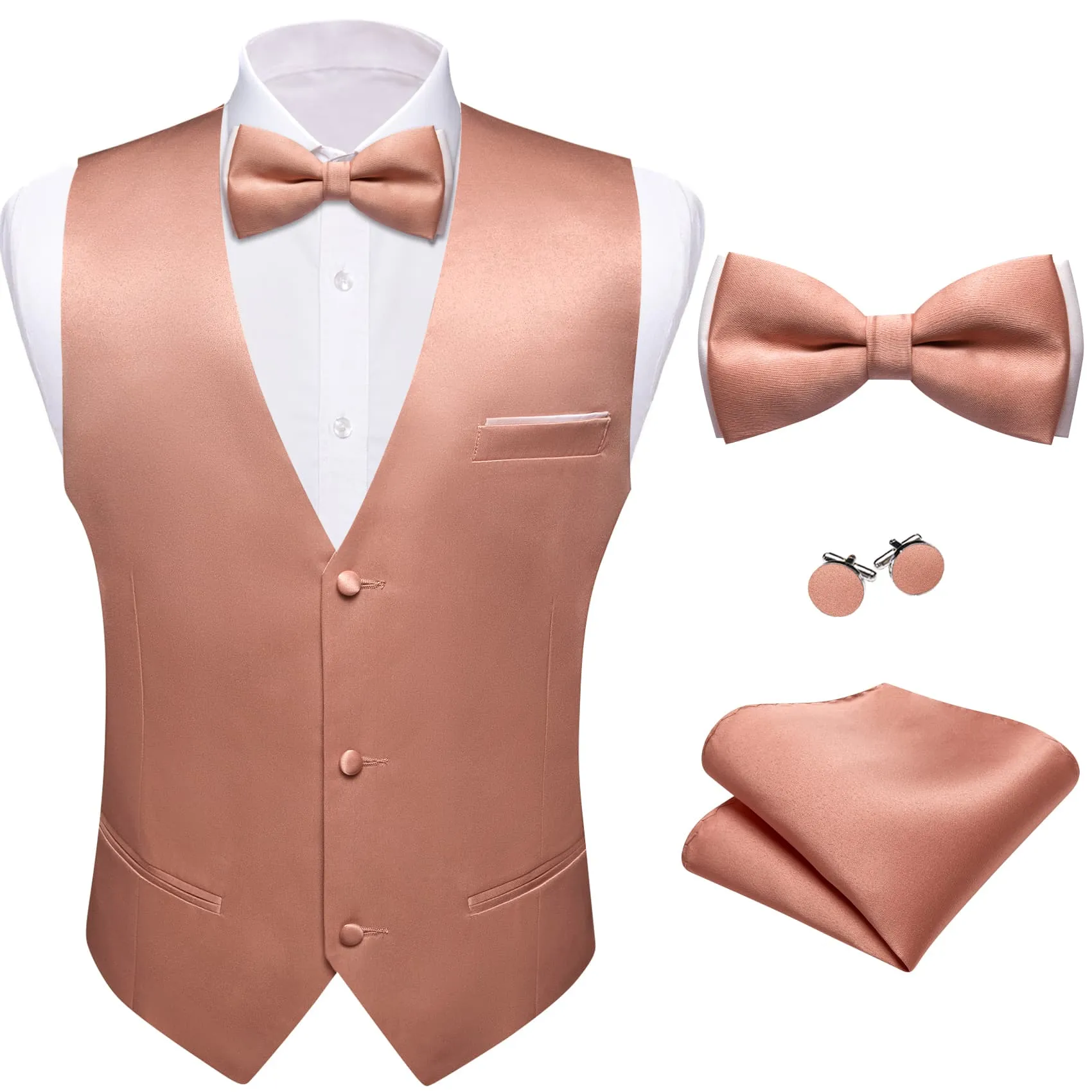 Ties2you Dress Vest Light Coral Solid V-Neck Waistcoat Mens Vest Bow Tie Set sold by Ties2You product image thumbnail 3
