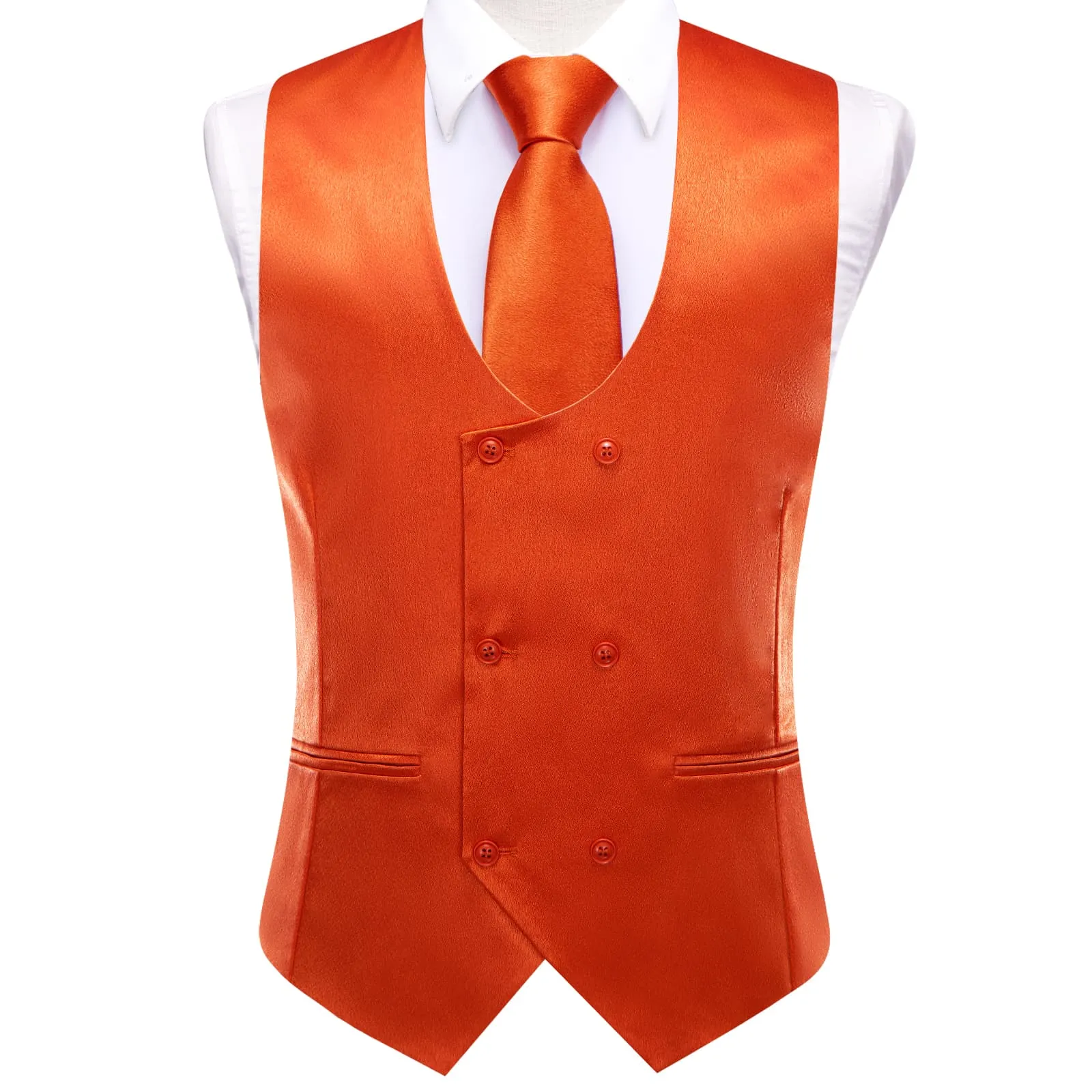 Ties2you Double Breasted Vest Sinopia Orange Solid Mens Dress Vest Tie Bowtie Set 5PC sold by Ties2You product image thumbnail 3