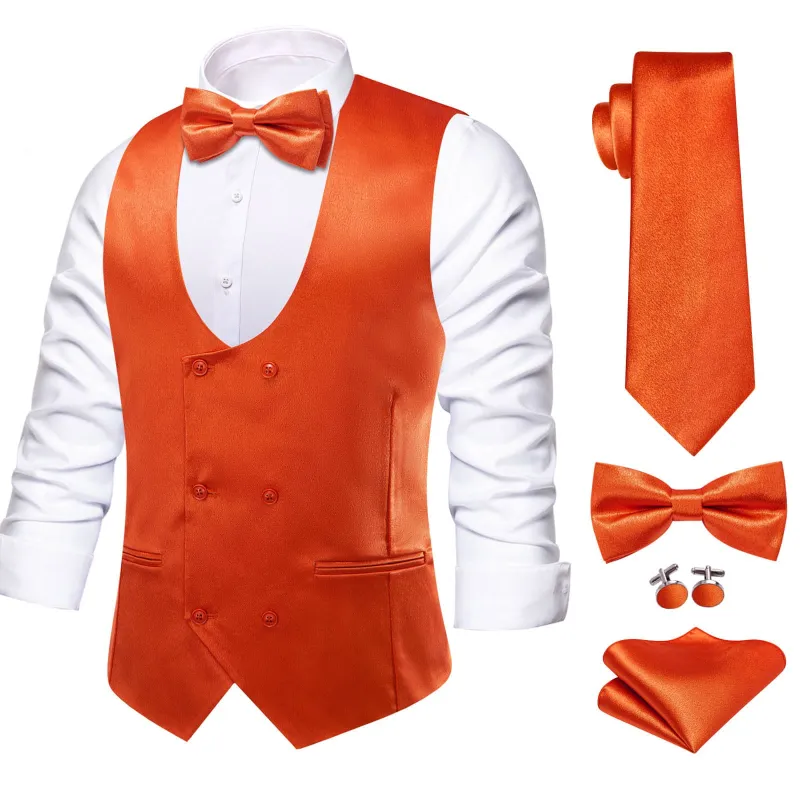 Ties2you Double Breasted Vest Sinopia Orange Solid Mens Dress Vest Tie Bowtie Set 5PC sold by Ties2You